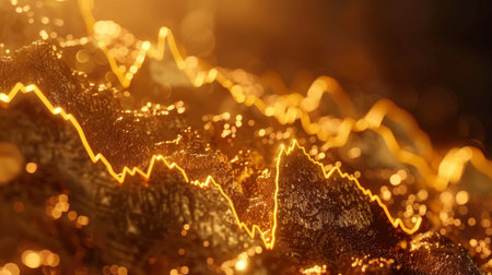 Close-up of a golden line graph charting the rise and fall of gold prices over timeの素材