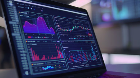 Close-up of a laptop screen with a dashboard displaying various graphs and charts, highlighting data visualizationの素材