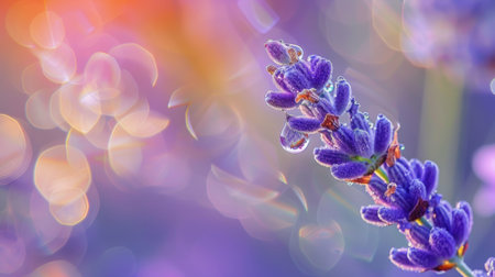 Close-up of a morning dewdrop perched on the tip of a lavender flower, exuding tranquility and freshnessの素材