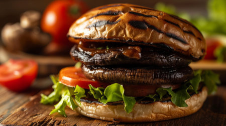 Close-up of a mushroom burger with grilled portobello caps, lettuce, and tomato on a bunの素材