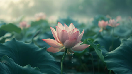 Close-up of a lotus flower blooming gracefully in a serene pond within the lotus fieldsの素材