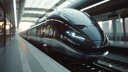 Close-up of a modern high-speed train with futuristic design and streamlined aerodynamicsの素材