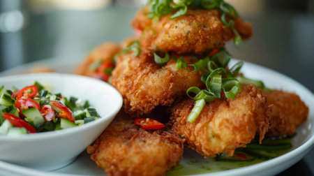 Close-up of a plate of crispy fried fish cakes (tod mun pla) served with a tangy cucumber relishの素材