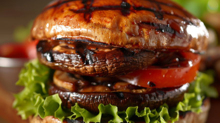 Close-up of a mushroom burger with grilled portobello caps, lettuce, and tomato on a bunの素材