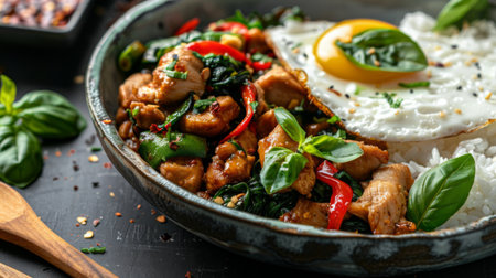Close-up of a spicy Thai basil chicken stir-fry (pad kra pao gai) served with jasmine rice and a fried eggの素材