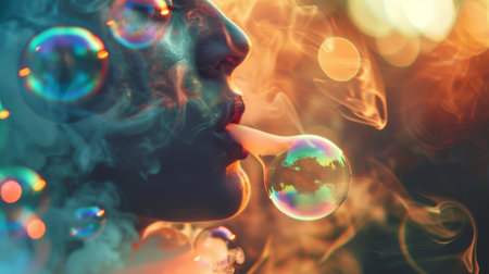 Close-up of a person blowing colorful smoke bubbles using a smoking device, with reflections of lightの素材