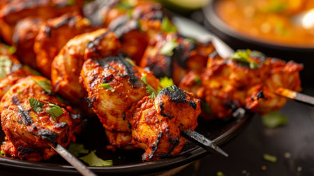 Close-up of a plate of tender Indian tandoori chicken skewers marinated in yogurt and spicesの素材