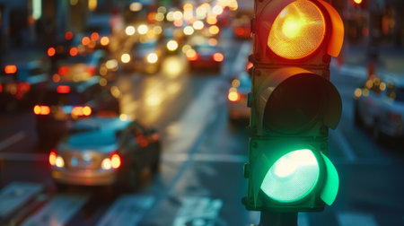 Close-up of a traffic light changing from green to red at a busy street intersectionの素材