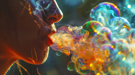 Close-up of a person blowing colorful smoke bubbles using a smoking device, with reflections of lightの素材
