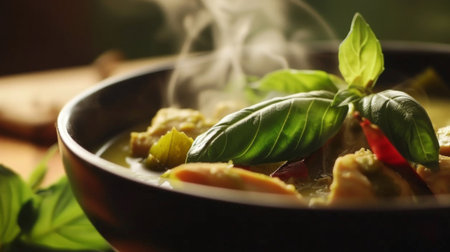 Close-up of a steaming bowl of fragrant Thai green curry with chicken, garnished with fresh basil leavesの素材