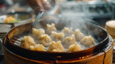 Close-up of bamboo shoot dumplings being steamed in a bamboo steamerの素材