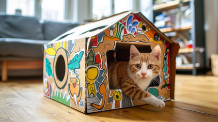 DIY cardboard cat house decorated with colorful drawings, with a cat playing insideの素材