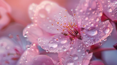 Close-up of dewdrops resting on the petals of a blooming cherry blossom, symbolizing the beauty of renewalの素材