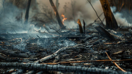 Close-up of charred trees and smoldering debris in the aftermath of a forest fire, depicting the devastationの素材
