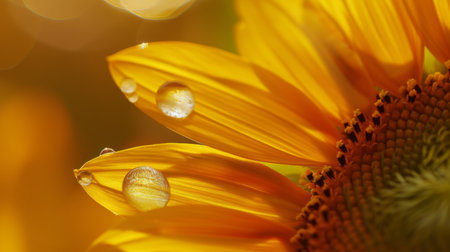 Close-up of a water droplet suspended on the edge of a sunflower's golden petal, catching the sunlightの素材