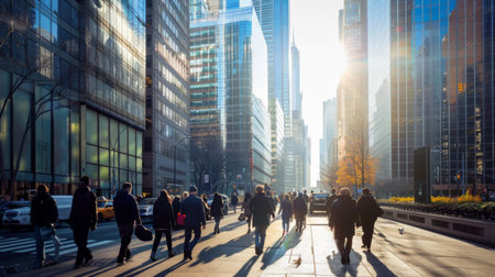 Commuters walking on a bustling sidewalk next to a major urban road lined with skyscrapersの素材