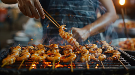 A street food vendor grilling skewered freshwater prawns over hot coals, attracting passersby with the aroma of sizzling seafood.の素材