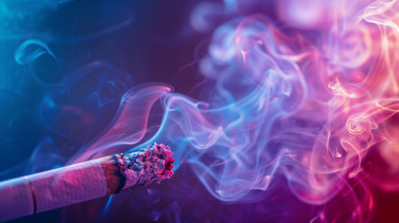 Close-up of colorful cigarette smoke billowing from a lit cigarette, illuminated by soft natural lightの素材