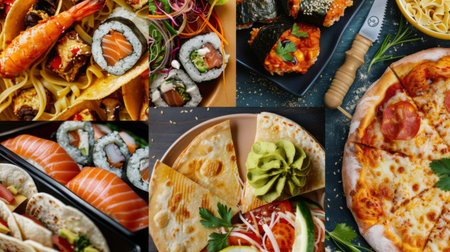 A collage of various international cuisines including sushi, pizza, tacos, curry, and pastaの素材