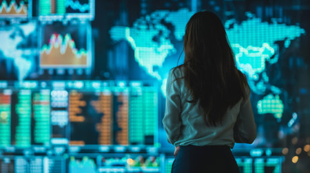 Businesswoman analyzing global financial markets on a large screen, showcasing international tradeの素材