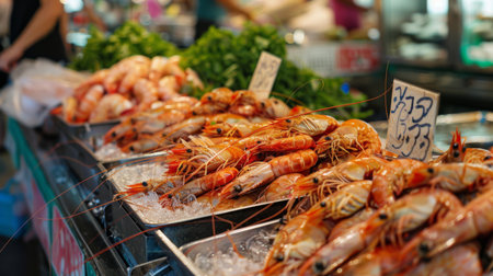 A seafood market stall displaying a selection of fresh live freshwater prawns, ready to be cleaned and prepared for cooking.の素材