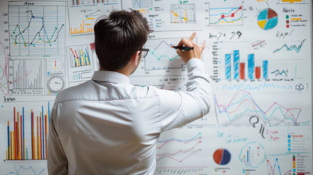 Businessman writing on a whiteboard with a flow chart and bar graph, planning a strategyの素材