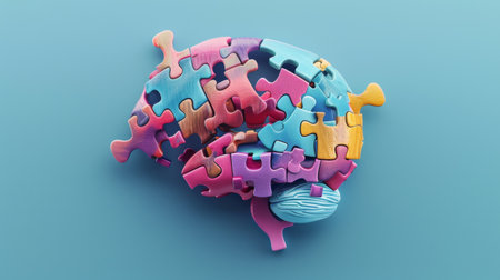 Brain-shaped jigsaw puzzle pieces coming together, representing problem-solving and cognitive functionの素材