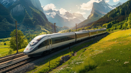 A sleek modern train speeding through a scenic countryside landscape with mountains in the backgroundの素材