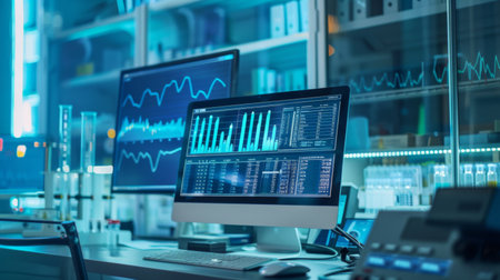 Bar chart depicting climate change data on a scientist's computer screen in a research labの素材