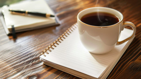 Close-up of a cup of hot coffee or tea next to a notepad and pen on a work deskの素材