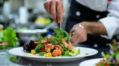 Chef plating up a colorful lobster salad with mixed greens, avocado, and citrus dressingの素材