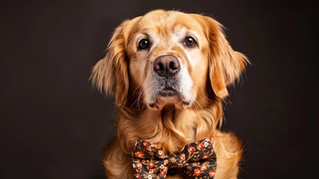 Close-up of a dog wearing a cute bowtie or bandana, sitting obediently and posing for the cameraの素材