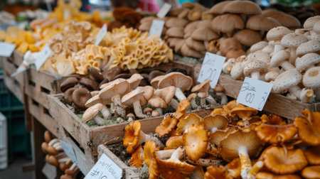 Close-up of a variety of mushrooms displayed on a farmer's market stall with price tagsの素材