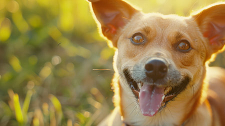 Close-up of a dog with a happy grin, tongue sticking out, and tail wagging vigorouslyの素材
