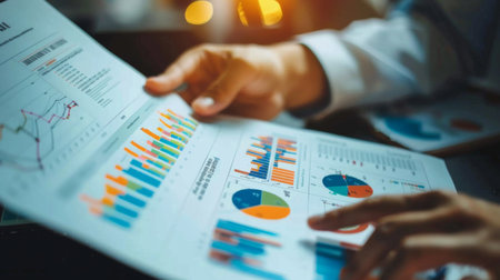 Close-up of financial graphs and charts on a printed report, held by a business professionalの素材