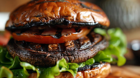 Close-up of a mushroom burger with grilled portobello caps, lettuce, and tomato on a bunの素材