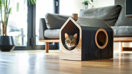Designer cat house shaped like a small house with a chimney, placed in a modern living room, with a cat insideの素材