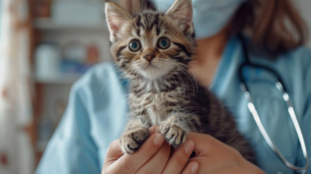 Close-up of a veterinarian holding a kitten and providing preventive care advice to its ownerの素材