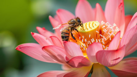 Close-up of a bee collecting nectar from a blooming lotus flower, contributing to pollinationの素材