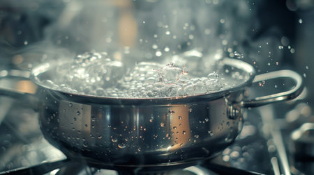 Close-up of a pot of boiling water on an induction cooktop, steam escaping from the lidの素材