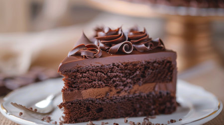 Close-up of a slice of indulgent triple chocolate layer cake with chocolate ganache and curlsの素材