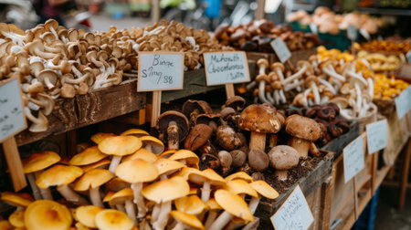 Close-up of a variety of mushrooms displayed on a farmer's market stall with price tagsの素材