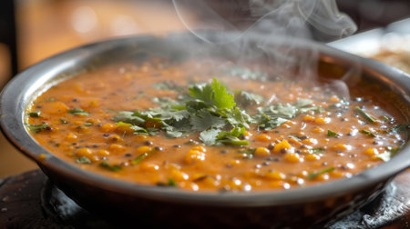 Close-up of a steaming bowl of creamy Indian dal makhani lentil curry garnished with cilantroの素材