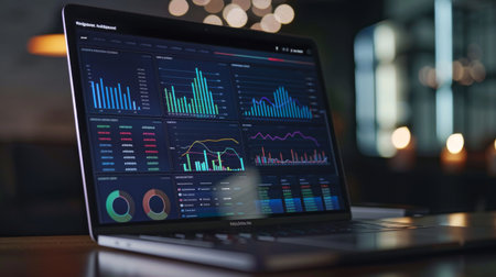 Close-up of a laptop screen with a dashboard displaying various graphs and charts, highlighting data visualizationの素材