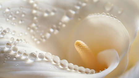 Close-up of dewdrops forming a delicate necklace around the neck of a calla lily, adding to its eleganceの素材
