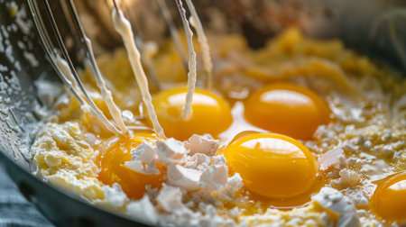Close-up of a whisk and mixing bowl with beaten eggs and milk for making fluffy scrambled eggsの素材