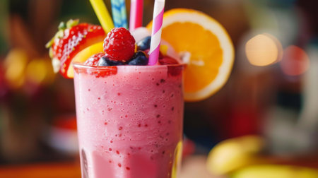 Close-up of a refreshing fruit smoothie in a tall glass with colorful straws and fresh fruit garnishの素材