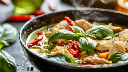 Close-up of a steaming bowl of fragrant Thai green curry with chicken, garnished with fresh basil leavesの素材