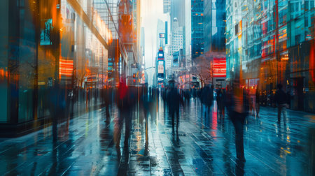 Commuters walking on a bustling sidewalk next to a major urban road lined with skyscrapersの素材