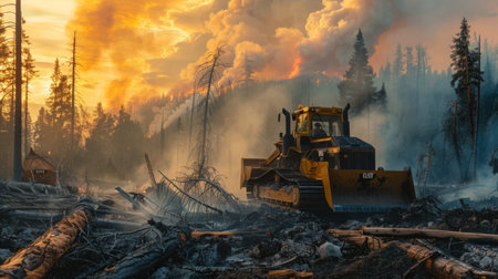 Fire crews using bulldozers to create firebreaks and contain the spread of a raging forest fireの素材